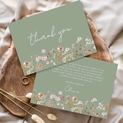 Rustic Sage Green Wildflower Bridal Shower Thank You Card