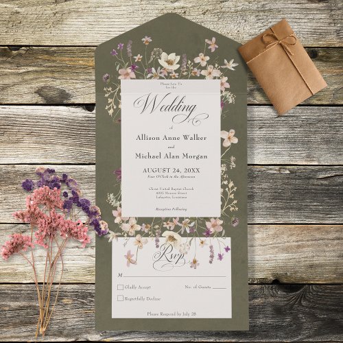Rustic Sage Green Wildflower Frame No Dinner All In One Invitation
