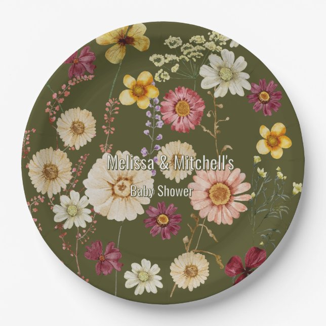 Rustic Sage Green Wildflower Paper Plates (Front)