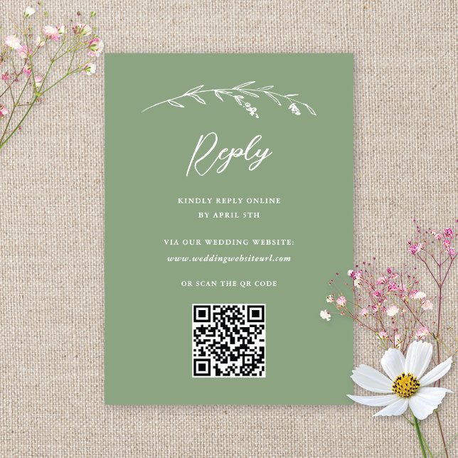 Rustic Sage Green Wildflower QR Code Wedding RSVP Card (Creator Uploaded)