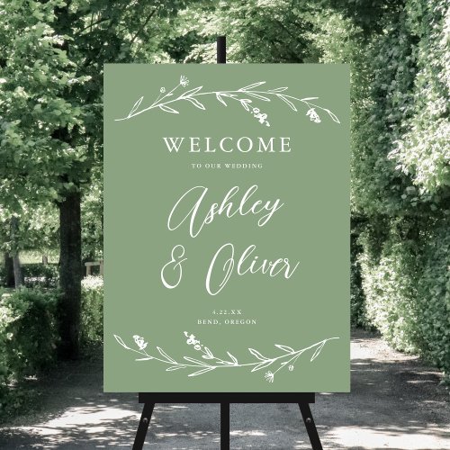 Rustic Sage Green Wildflowers Wedding Welcome Sign