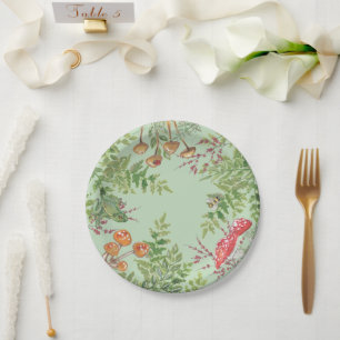 Rustic Sage Green Woodland Frog Bee Mushroom  Paper Plates