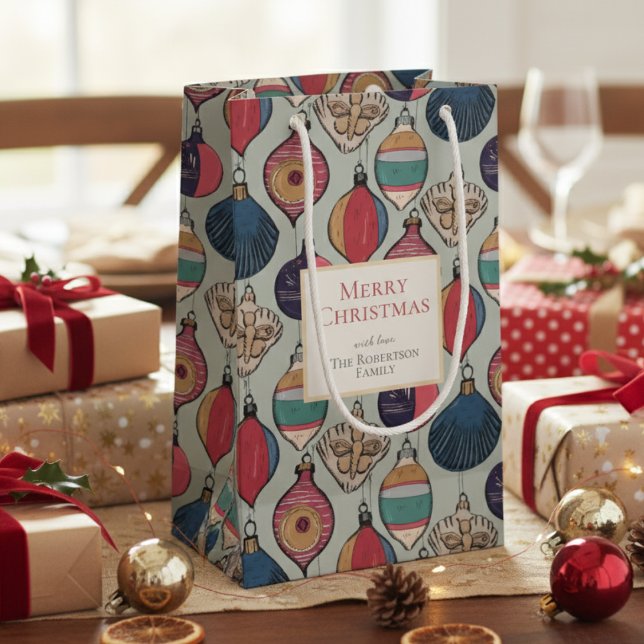 Rustic Sage Green Xmas Ornaments Small Gift Bag (Colorful Sage Green Vintage Ornaments Xmas Wrapping Paper. Retro Chic Xmas Holiday Season Pattern)