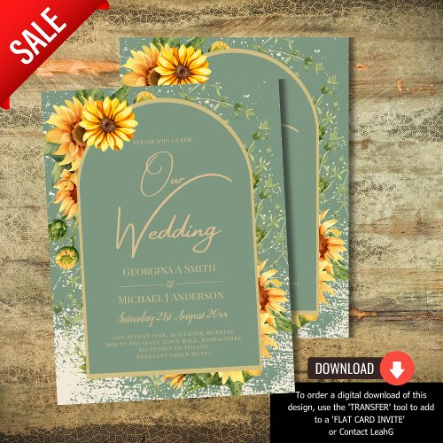 Rustic Sage Green Yellow Sunflowers Wedding Allin1 Invitation