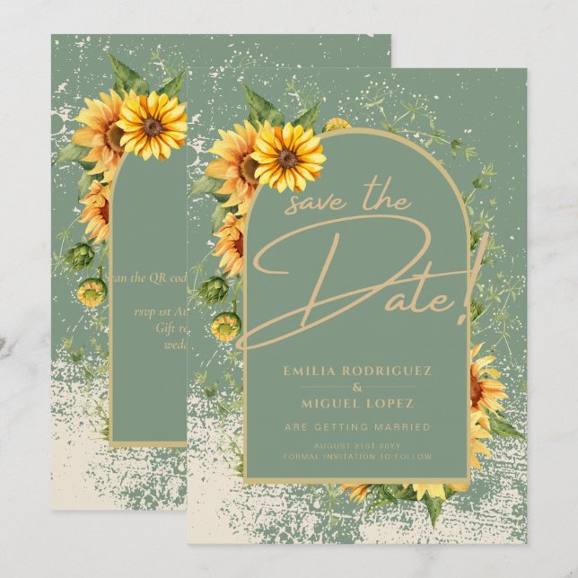 Rustic Sage Green Yellow Sunflowers Wedding Allin1 Invitation (Front/Back)