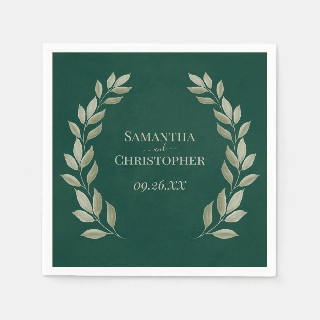 Rustic Sage Laurel Leaves on Emerald Green Wedding Napkins (Front)
