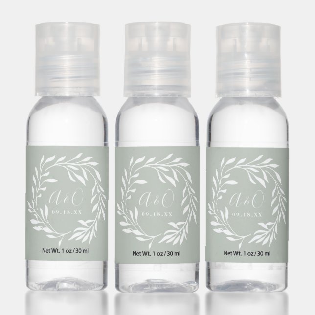 Rustic Sage Laurel Wreath Monogram Wedding Favor Hand Sanitizer (Set)