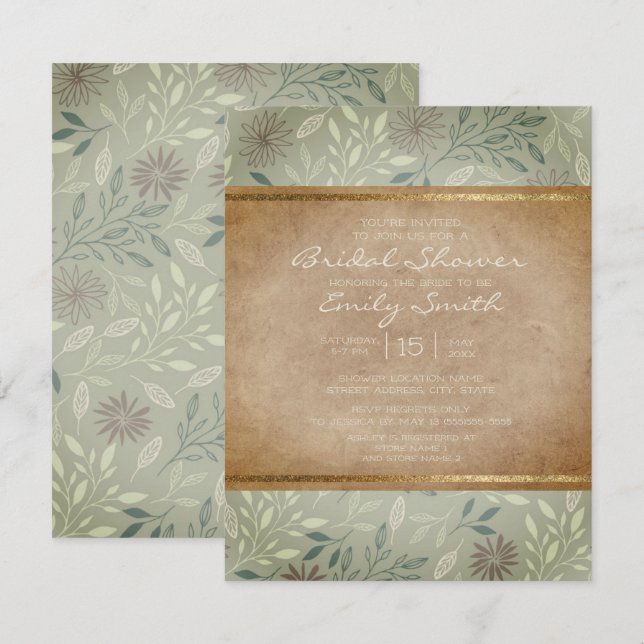 Rustic Sage Leaves Floral Gold Bridal Shower Invitation (Front/Back)