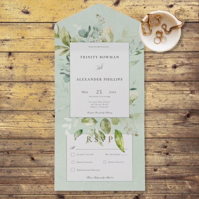 Rustic Sage Natural Greenery Dinner All In One Invitation (Also available with a QR code or without dinner selection options.)