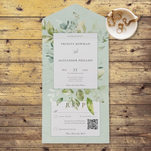 Rustic Sage Natural Greenery QR Code All In One Invitation