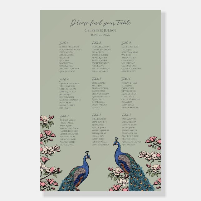 Rustic Sage Peacock 9 Table Seating Chart Foam Board (Front)