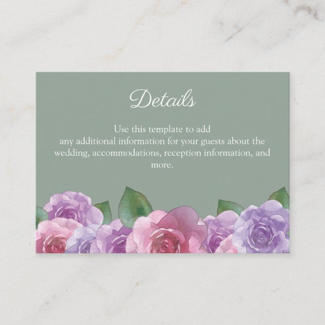 Rustic Sage Pink Rose Floral Wedding Details     Enclosure Card (Front)