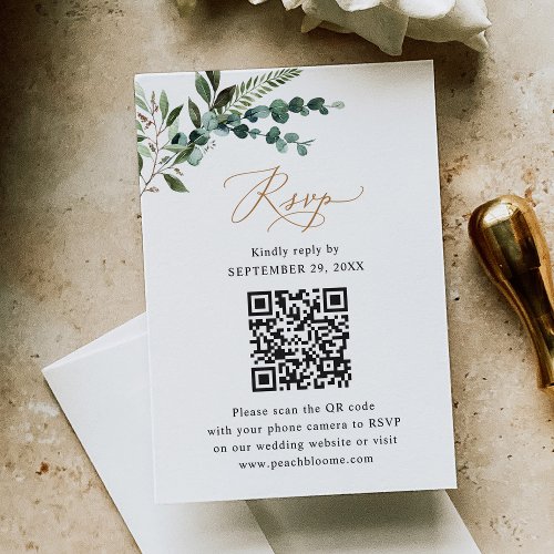Rustic Sage QR Code Greenery Gold Wedding RSVP Card