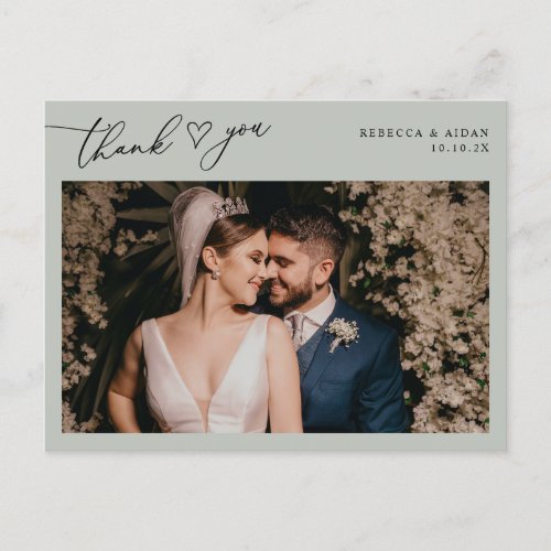 Rustic Sage Script Heart Wedding Photo Thank You Postcard - Designed to coordinate with our Stylish Script wedding collection, this customizable Flat Photo Thank You postcard features an elegant script with heart thank you text on the front and option to add a custom message on the back. Matching items available.