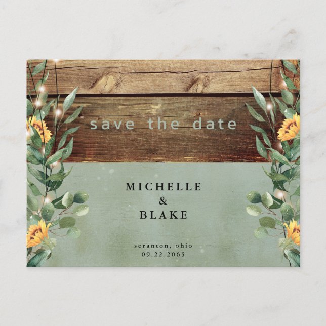 Rustic Sage Sunflowers & Lights Save the Date Postcard (Front)