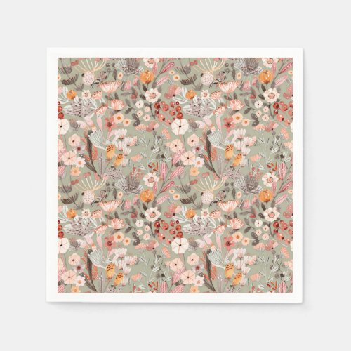 Rustic Sage Taupe Floral Boho Botanical Pattern Napkins