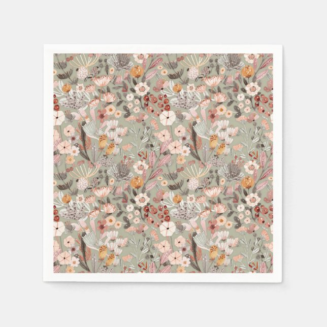 Rustic Sage Taupe Floral Boho Botanical Pattern Napkins (Front)