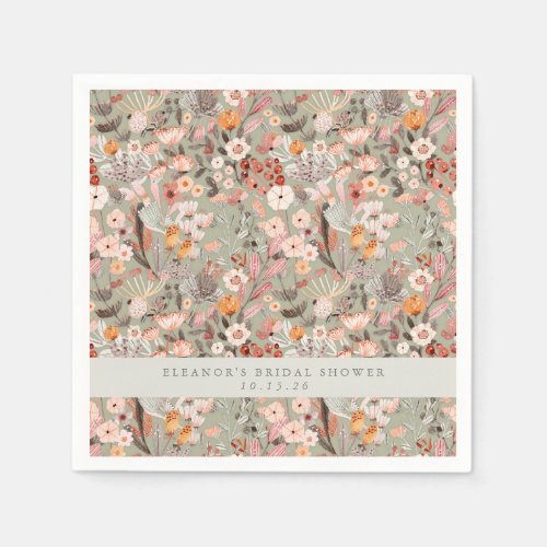 Rustic Sage Taupe Floral Boho Bridal Shower Custom Napkins