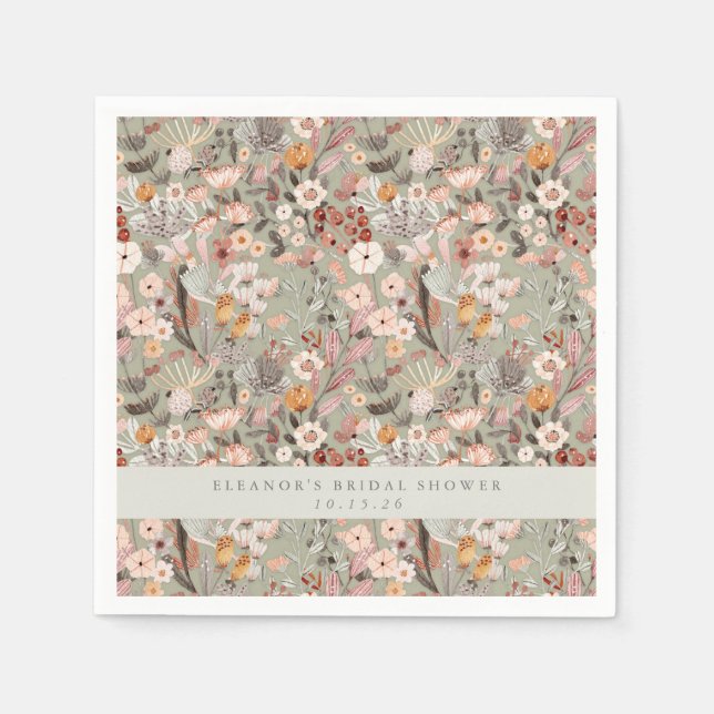 Rustic Sage Taupe Floral Boho Bridal Shower Custom Napkins (Front)