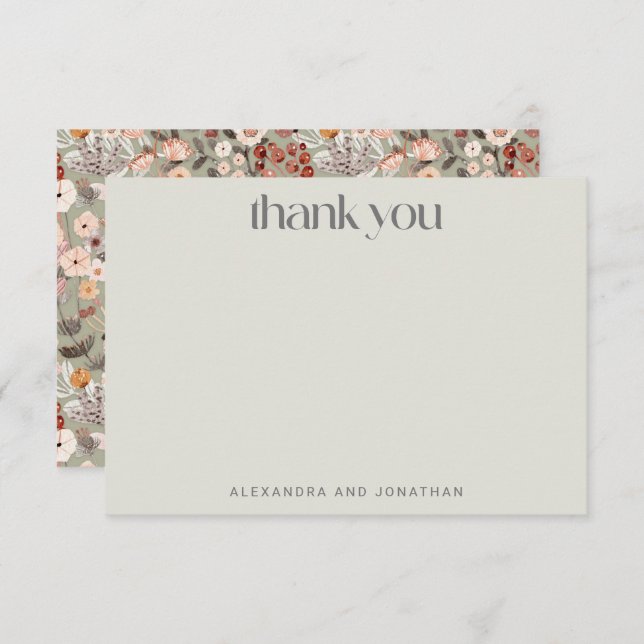 Rustic Sage Taupe Floral Boho Custom Wedding  Thank You Card (Front/Back)