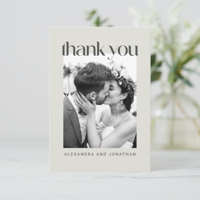 Rustic Sage Taupe Floral Boho Photo Wedding Thank You Card (Standing Front)