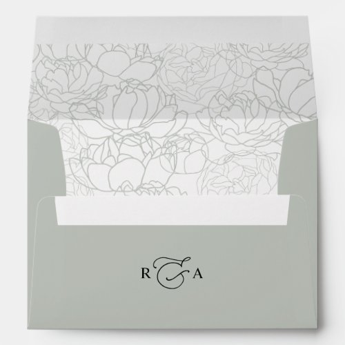 Rustic Sage w/ pre-printed Return Address Monogram Envelope - Designed to coordinate with our Romantic Script wedding collection, this customizable matching Invitation envelope features a coloured solid sage green envelope with black text and botanical line art pattern and monogram on the inside. To make advanced changes, please select "Click to customize further" option under Personalize this template.