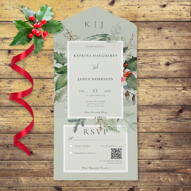 Rustic Sage Winter Holly & Pine QR Code All In One Invitation (Also available without a QR code; with or without dinner selection options.)