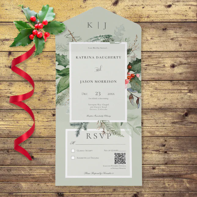 Rustic Sage Winter Holly & Pine QR Code All In One Invitation | Zazzle