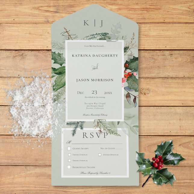 Rustic Sage Winter Holly & Pine Three Dinner All In One Invitation (Rustic Sage Winter Holly & Pine Three Dinner All In One Invitation)