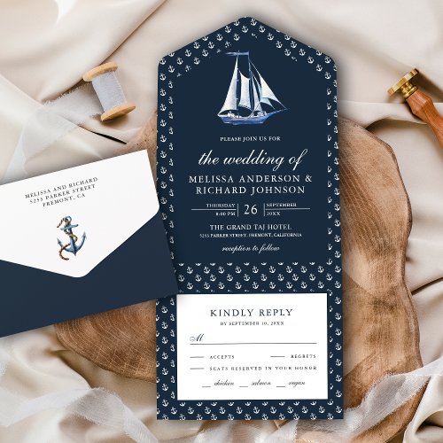 Rustic Sailboat Nautical Navy Blue Wedding All In One Invitation