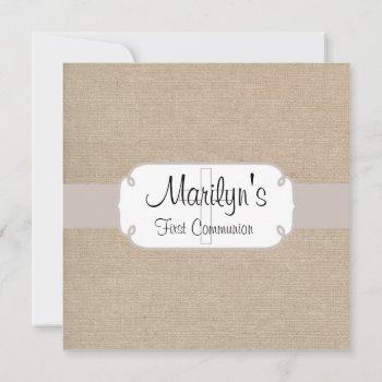 Rustic Salmon And Beige Burlap First Communion Invitation by Mintleafstudio at Zazzle