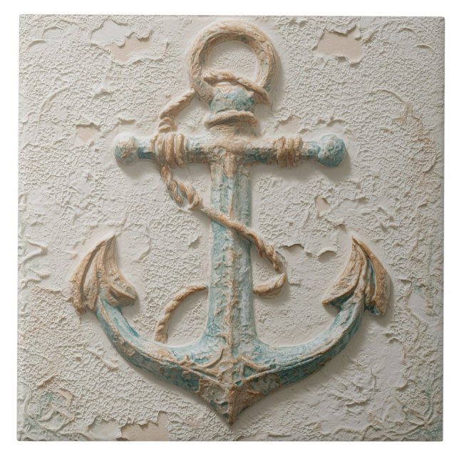 Rustic Sand and Aqua Coastal Anchor Ceramic Tile (Front)