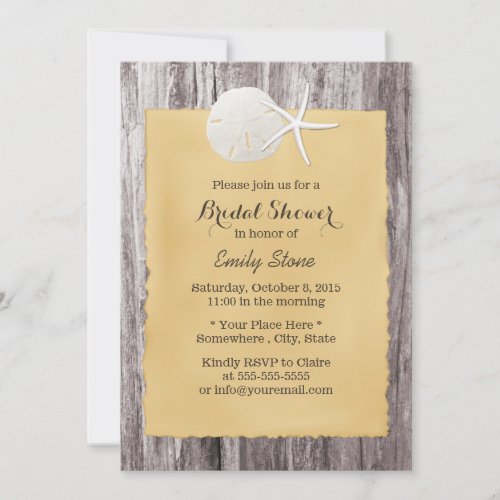 Rustic Sand Dollar  Starfish Wood Bridal Shower Invitation