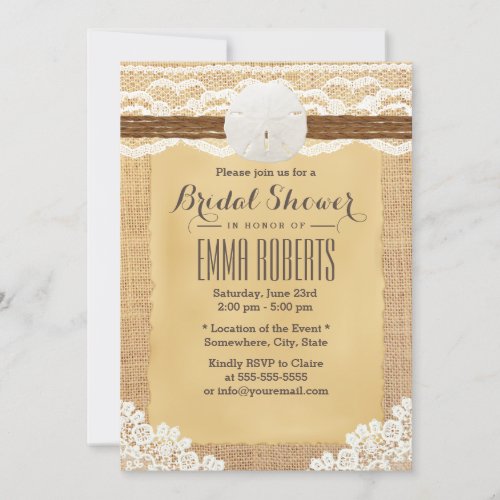 Rustic Sand Dollar Vintage Burlap Bridal Shower Invitation