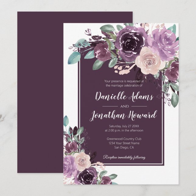 Rustic Sangria Dark Purple Mauve Flowers Wedding | Invitation (Front/Back)