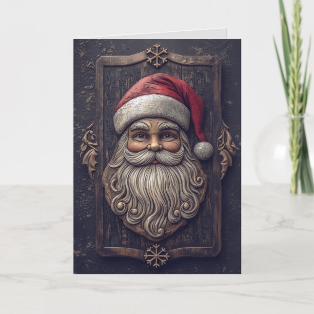Rustic Santa Claus Wood Carving Christmas Card (Front)