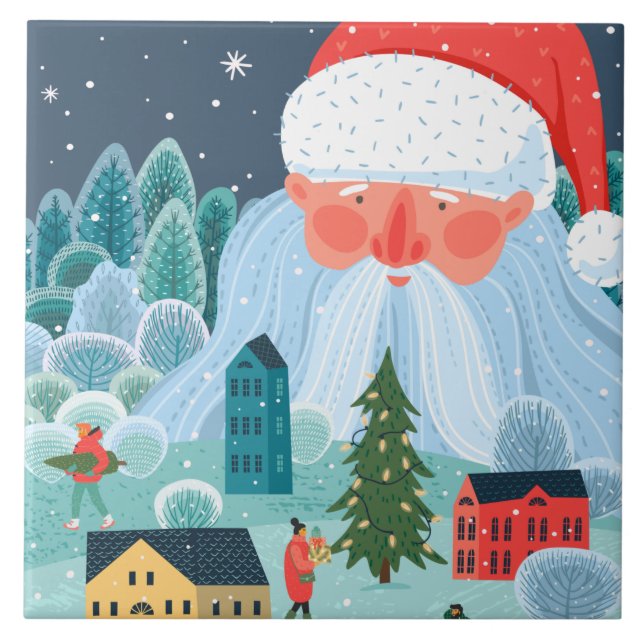 Rustic Santa Oversees Town Ceramic Tile (Front)