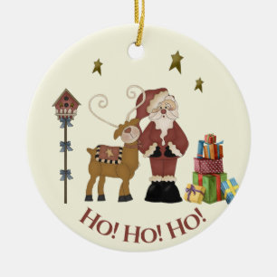 Rustic Santa, Reindeer Scene - Holiday Gift Ceramic Ornament