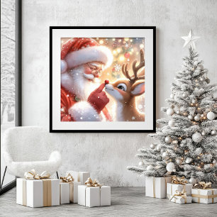 Rustic Santa Rudolph Watercolor Holiday Wall Art