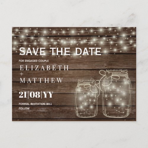 RUSTIC Save Date Mason Jars Strings Lights Wedding Postcard