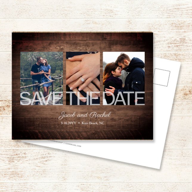 Rustic Save the Date 3-Photo Collage Wedding Postcard (Creator Uploaded)