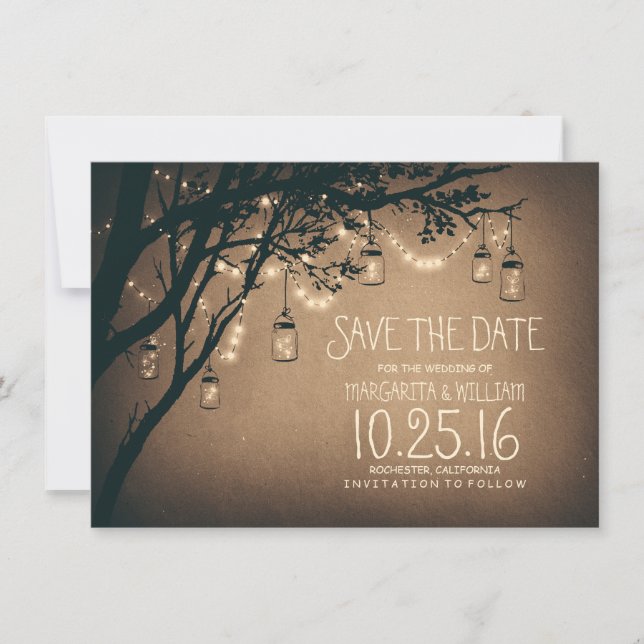 Rustic Save the Date & Fireflies Mason Jars (Front)