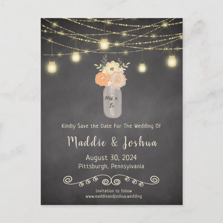 Rustic Save The Date Mason Jar Lights Floral Boho Postcard Zazzle