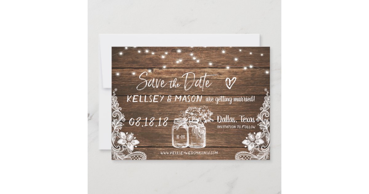 Rustic Save the Date | Mason Jars, Lace & Lights Invitation | Zazzle