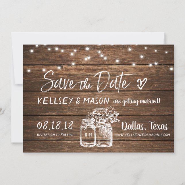 Rustic Save the Date | Mason Jars & String Lights Invitation (Front)