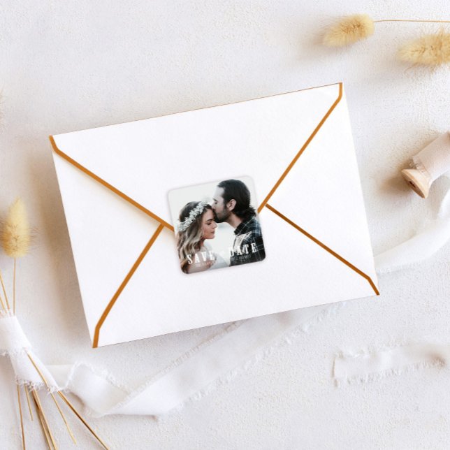 Rustic Save the Date Photo Wedding Favor Square Sticker (Creator Uploaded)