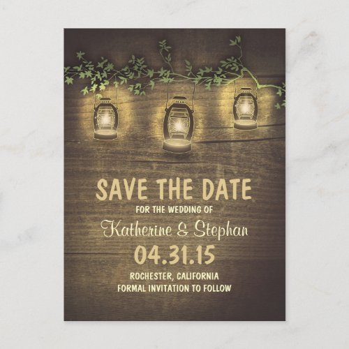 Rustic save the date postcards - rustic save the date postcards with wooden background and garden lights - lanterns hanging on the tree branch
