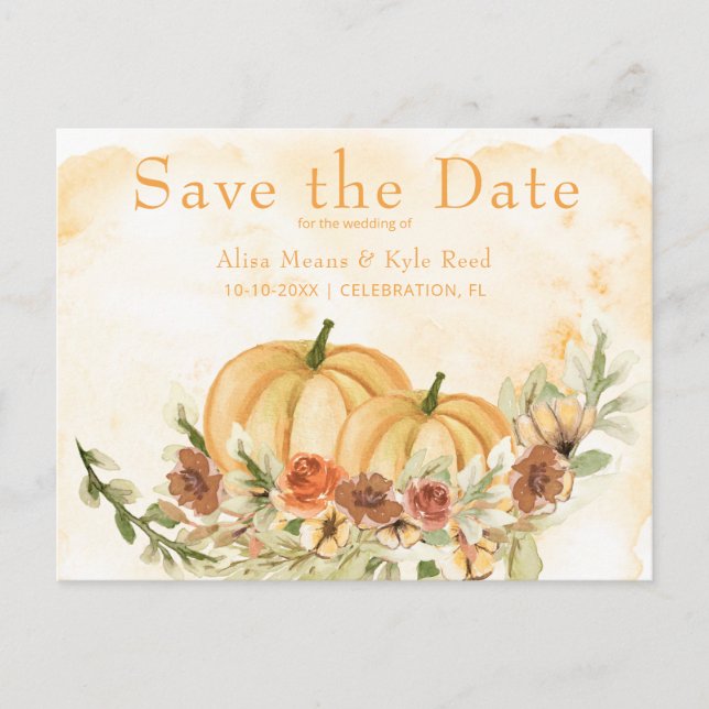 Rustic Save the Date Pumpkin Wedding An Announcement Postcard (Front)