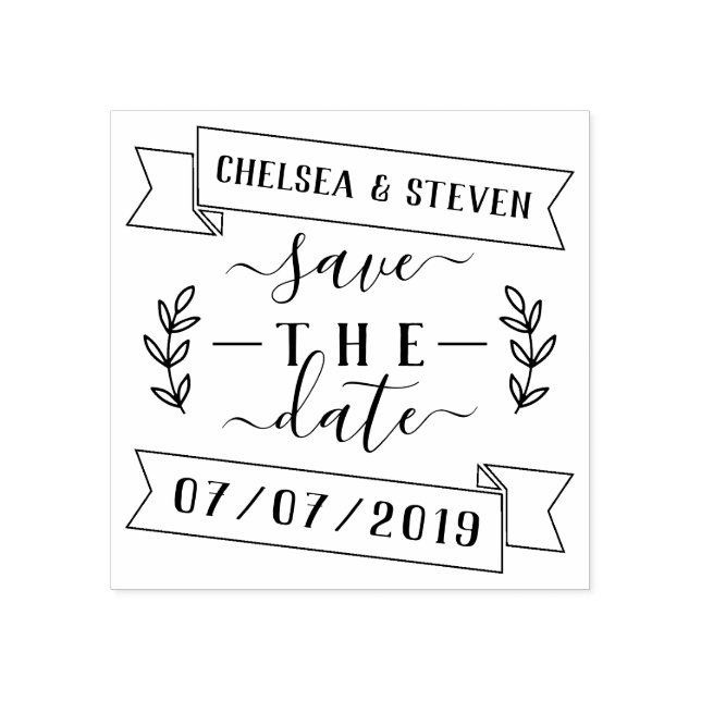 Rustic Save The Date Ribbon Wedding Announcement Rubber Stamp (Imprint)