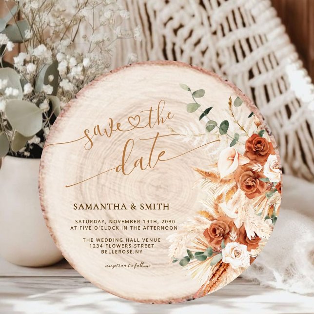Rustic Save the Date Round Wood Cut Grain Card (Creator Uploaded)